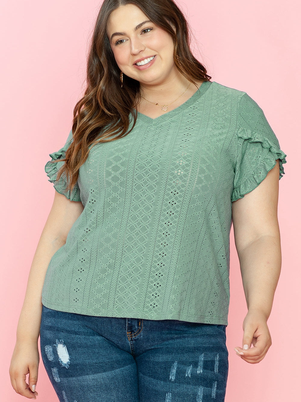 Green Jacquard V-Neck Plus Size Blouse with Petal Sleeves