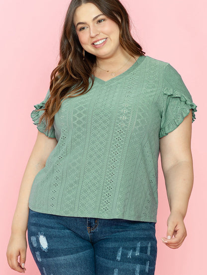 Green Jacquard V-Neck Plus Size Blouse with Petal Sleeves