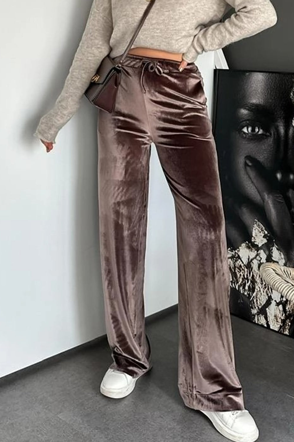 Goat Shiny Velvet Drawstring High Waist Straight Leg Casual Pants