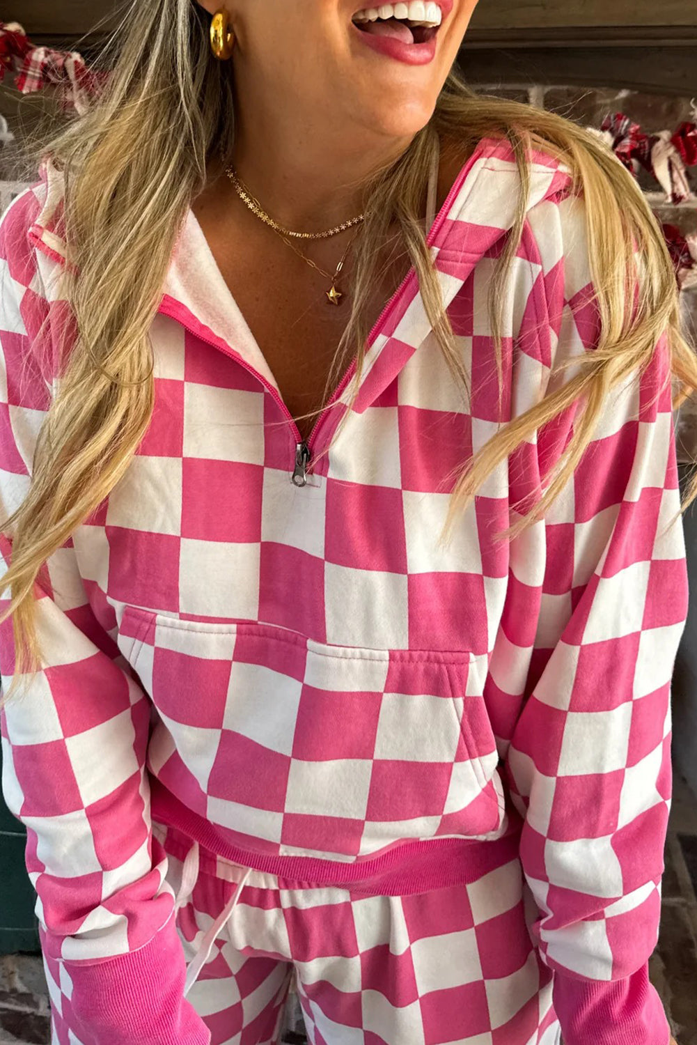 Red Checkered Print Half Zip Hoodie