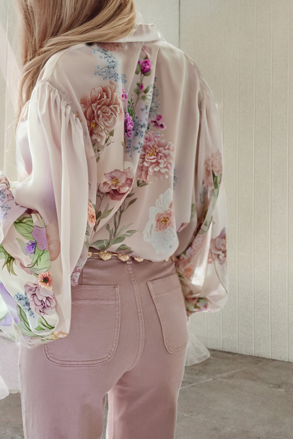 White Floral Puff Sleeve Breezy Shirt