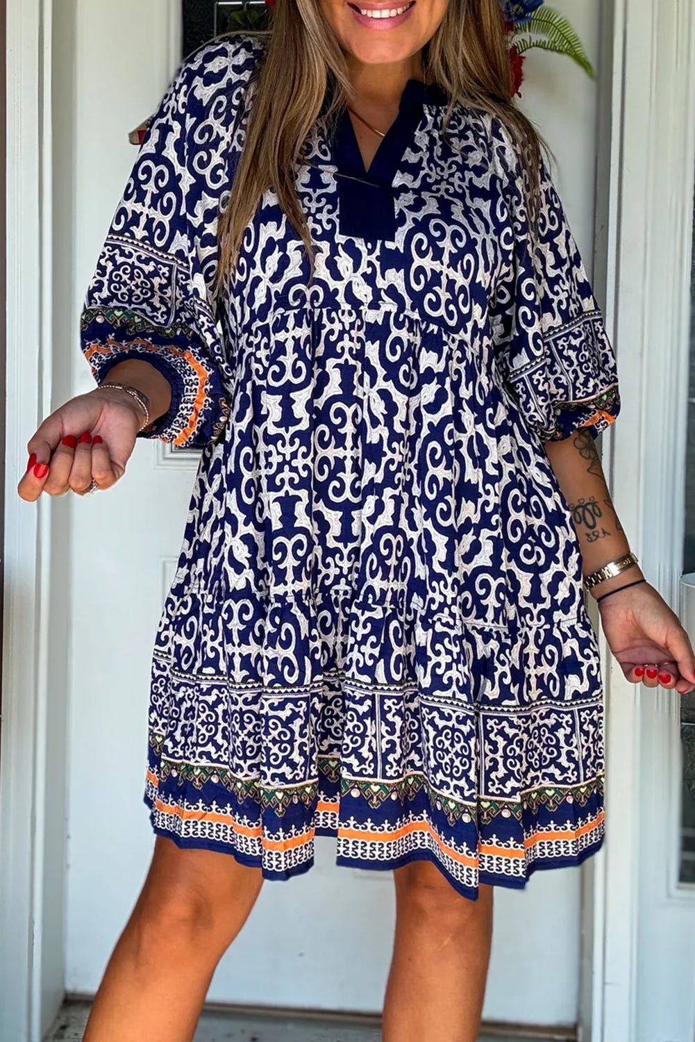 Blue Boho Geometry Print Contrast Trim Shift Mini Dress