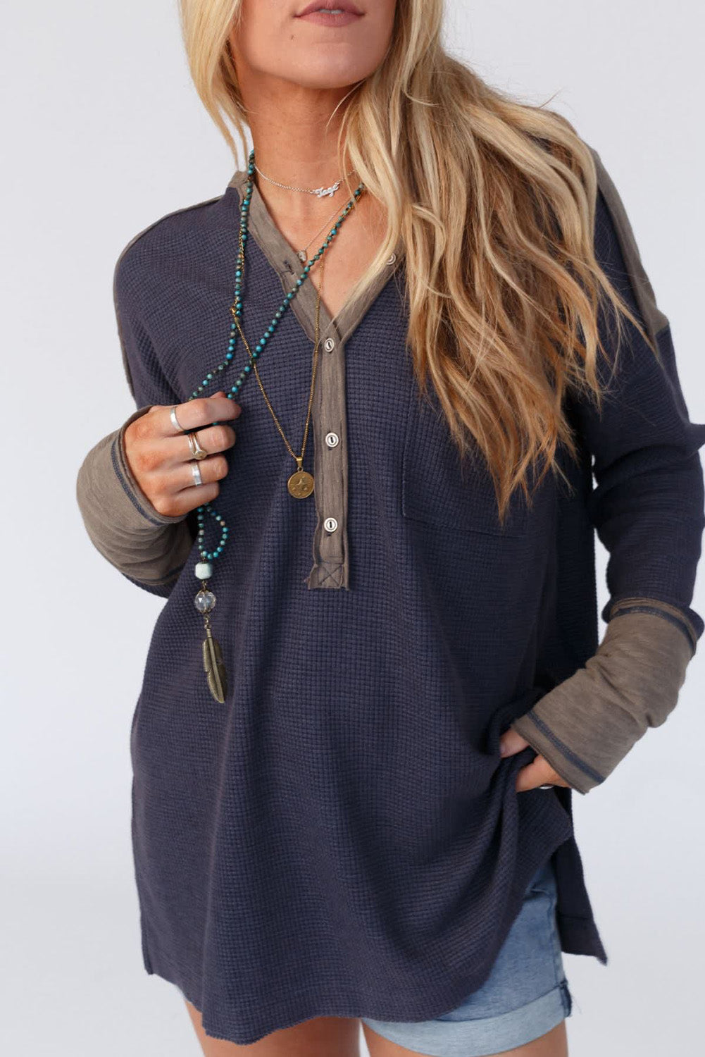 Dark Blue Contrast Trim Half Button Thermal Top