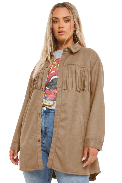 Khaki Suede Shacket with Fringe Detail for Plus Size Women