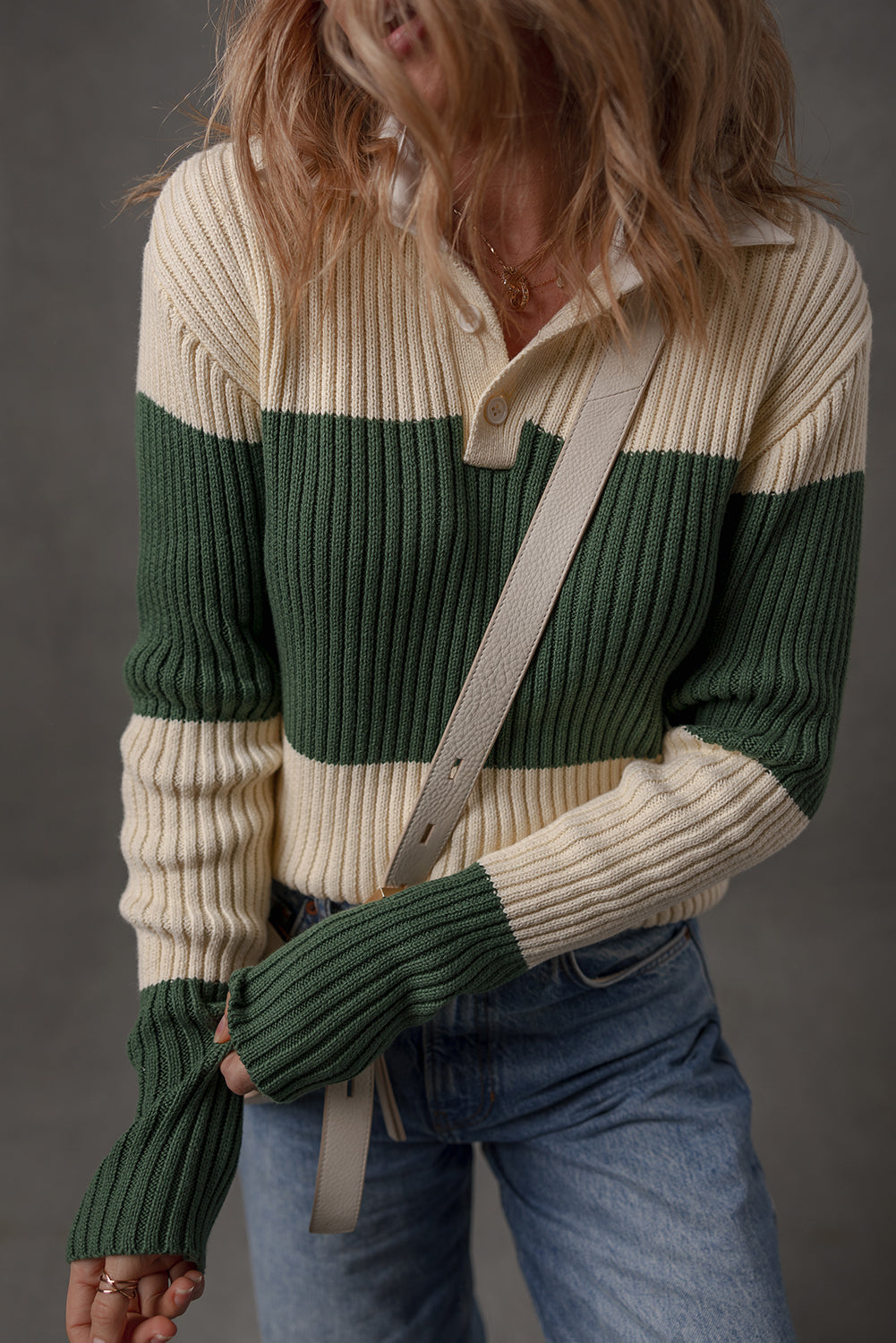 Blackish Green Ribbed Color Block Knit Shirt Collar Patchwork Slim Sweater