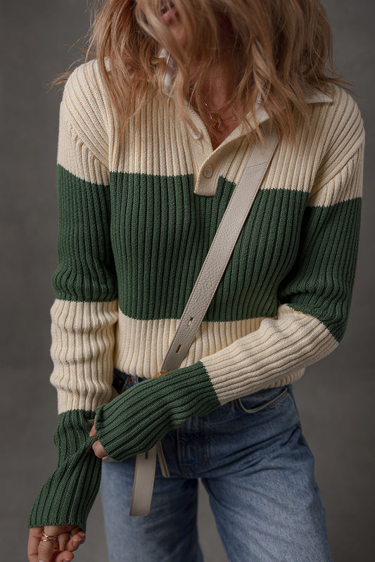 Blackish Green Ribbed Color Block Knit Shirt Collar Patchwork Slim Sweater