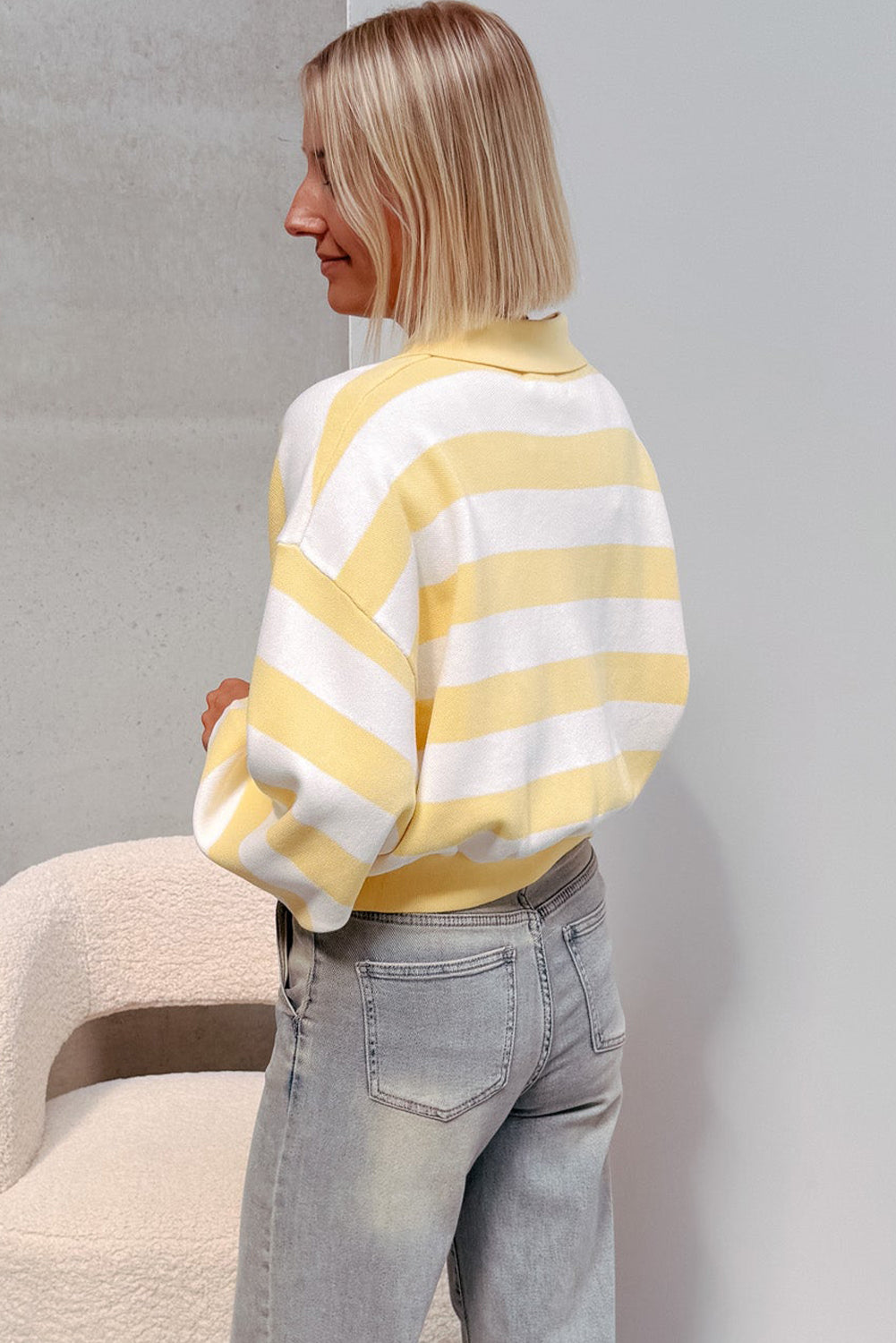 Yellow Stripe Collar Zipped Drop Shoulder Casual Sweater