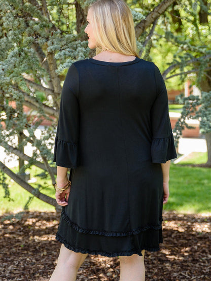 Black Plus Size Ruffled Trim 3/4 Sleeve Dress