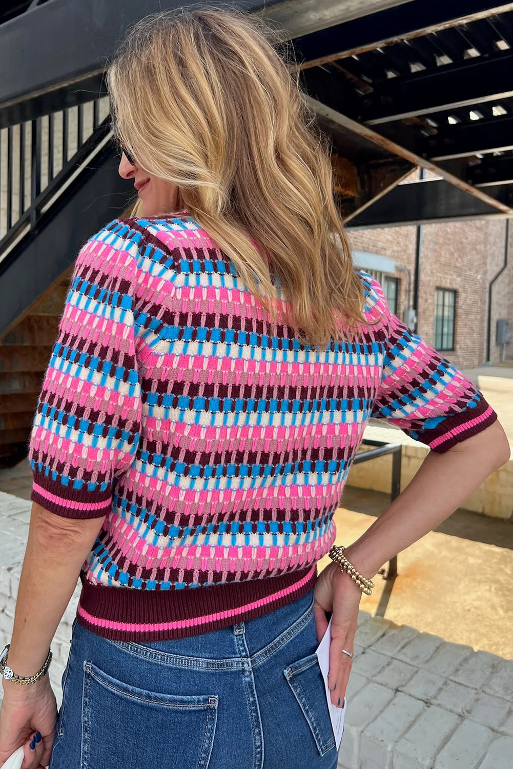 Pink Playful Stripe Knit Short Sleeve Sweater