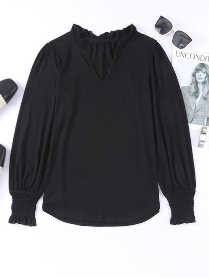 Elegant Black V Neck Top with Puff Long Sleeves