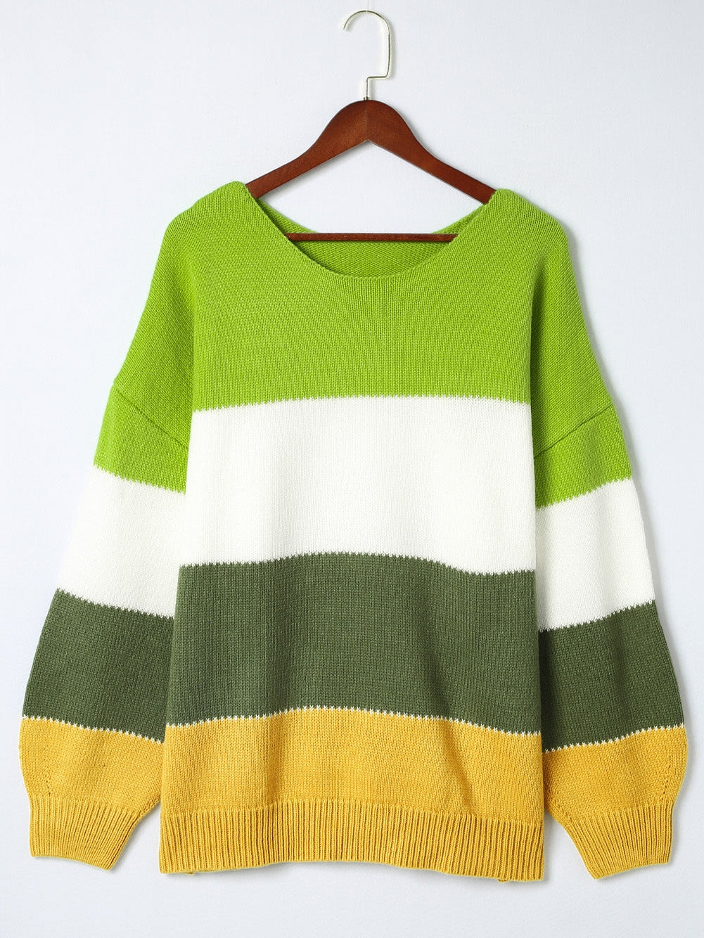 Cozy Green Color Block Plus Size Knit Sweater