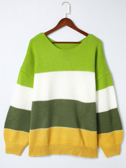 Cozy Green Color Block Plus Size Knit Sweater
