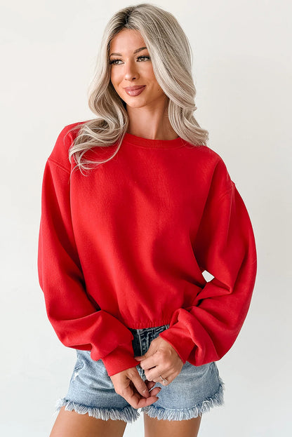 Fiery Red Cropped Elastic Hemline Drop Shoulder Solid Sweatshirt