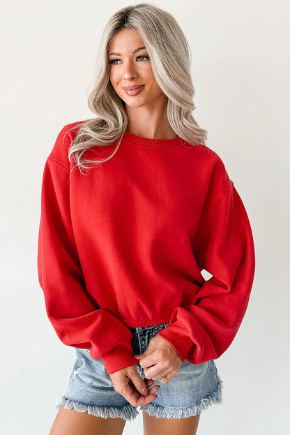 Fiery Red Cropped Elastic Hemline Drop Shoulder Solid Sweatshirt