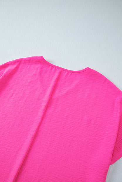 Red Rose Crinkled V-Neck Plus Size Top with Short Sleeves