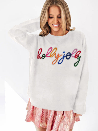 Holly Jolly White Round Neck Casual Sweater