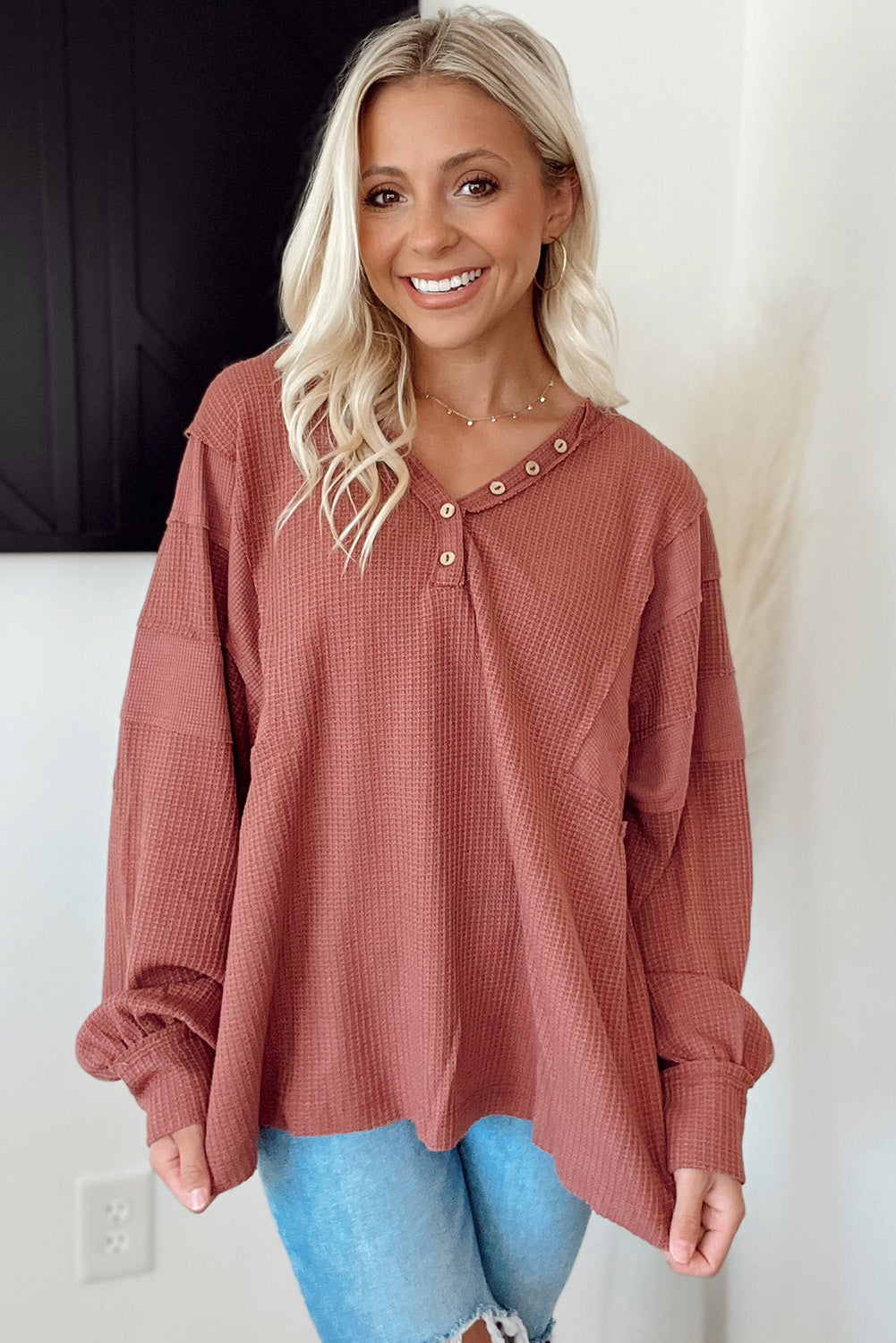 Mineral Red Waffle Patch Buttoned Neckline Long Sleeve Top