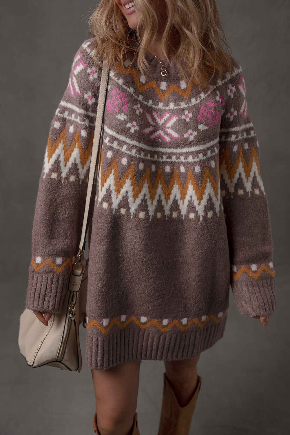 Brown Tribal Pattern Knitted Ribbed Edge Crew Neck Sweater Dress