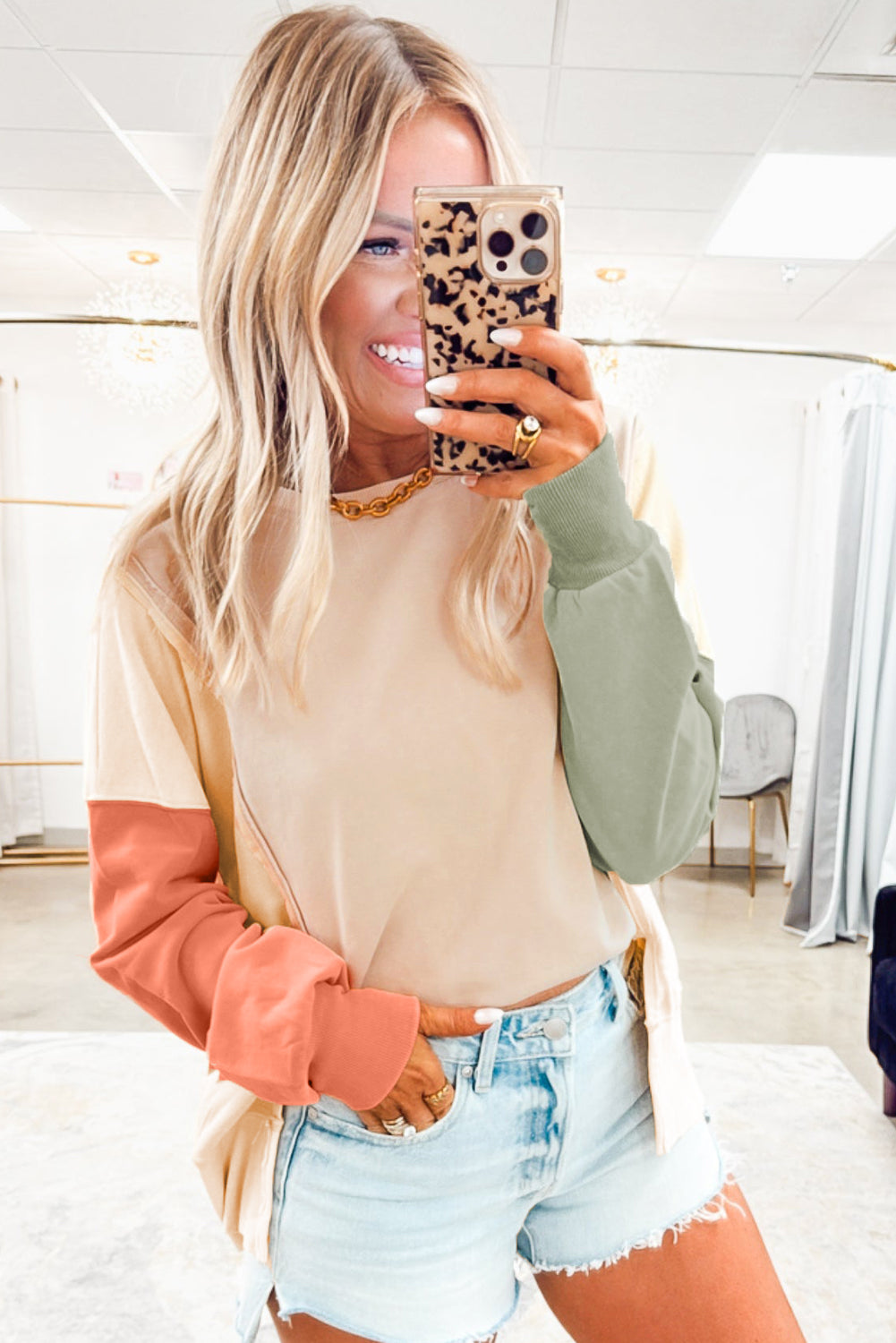 Beige Color Block Patchwork Split Hem Casual Sweatshirt