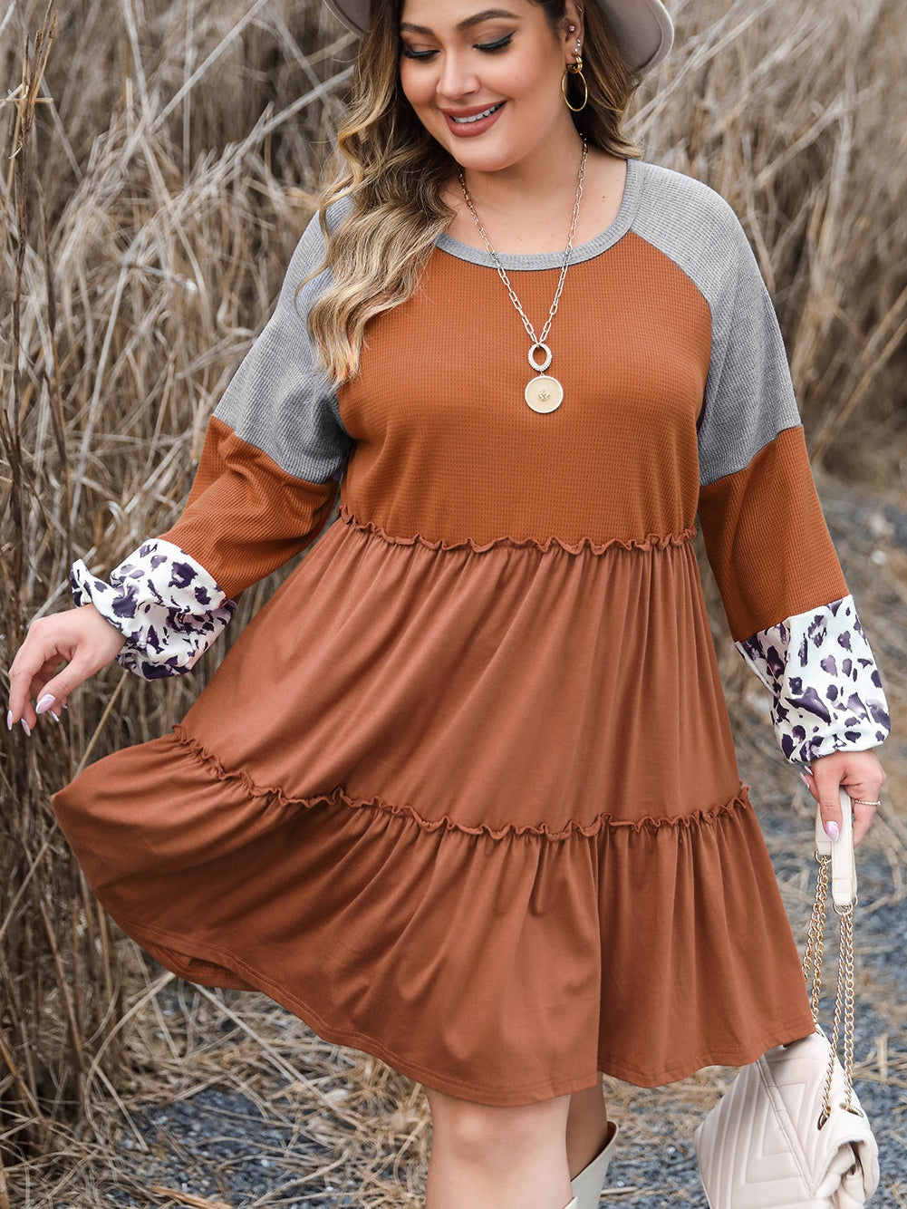 Gold Flame Plus Size Waffle Leopard Long Sleeve Ruffle Mini Dress