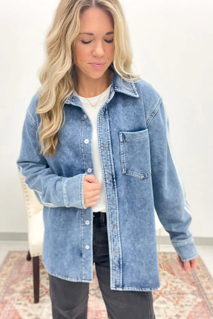 Myosotis Varsity Striped Detail Button Down Loose Denim Jacket