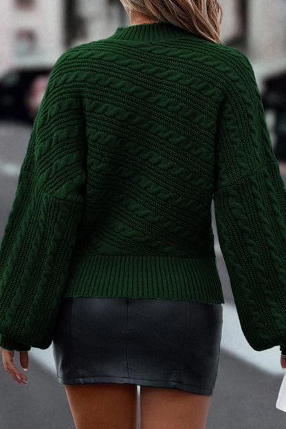 Green Lantern Sleeve Mock Neck Cable Knit Sweater