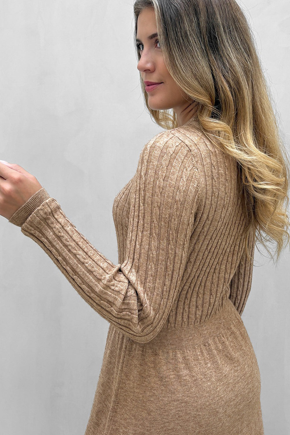 Smoke Gray Long Sleeve Cable Knit Bodice Sweater Mini Dress