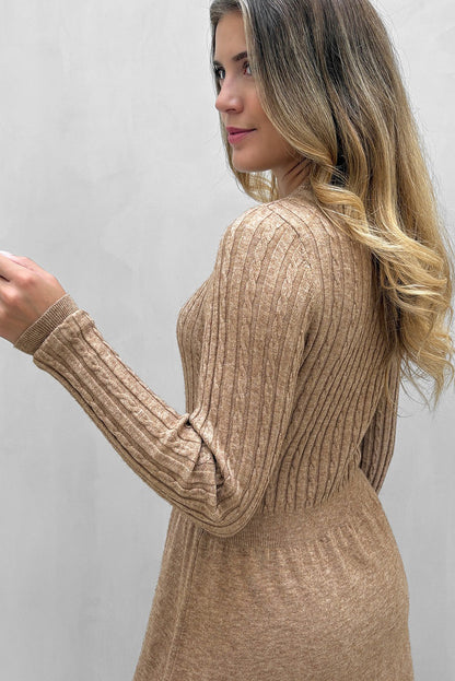 Smoke Gray Long Sleeve Cable Knit Bodice Sweater Mini Dress