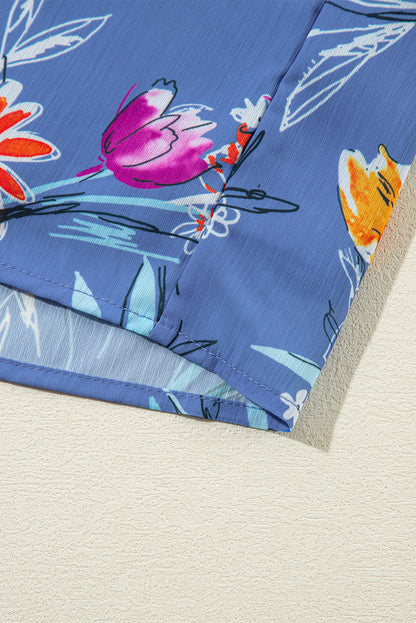 Sky Blue Floral Print Buttoned Neckline Tank Top