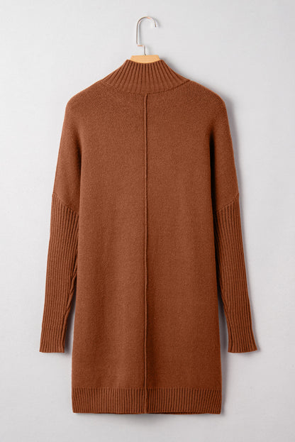 Chestnut Ribbed High Neck Front Pockets Center Seam Shift Sweater Dress