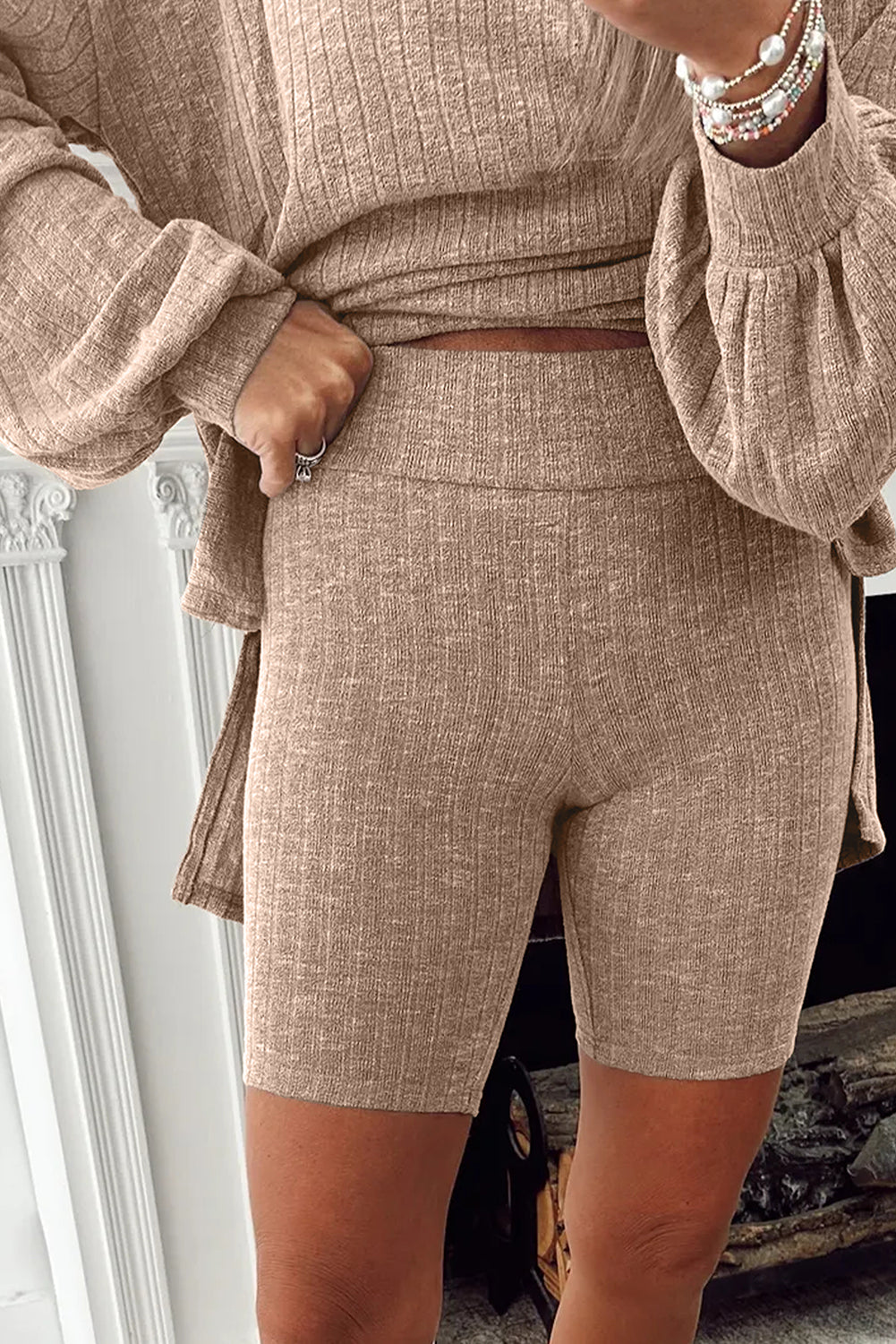Dark Khaki Ribbed Balloon Sleeve Top and Biker Knitted Short Set