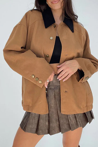 Light French Beige Button Cuff Detail Contrast Collar Patchwork Jacket