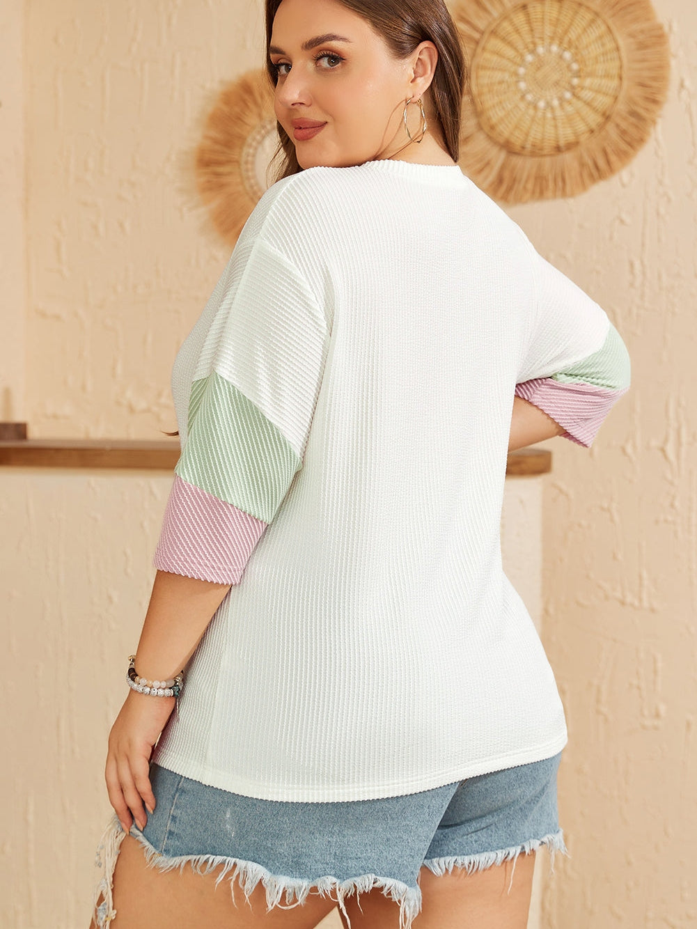 White Ribbed Colorblock Plus Size T-Shirt