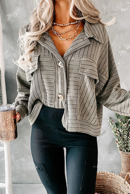 Four Leaf Clover Ribbed Knit Big Patched Chest Pocket Collared Shacket