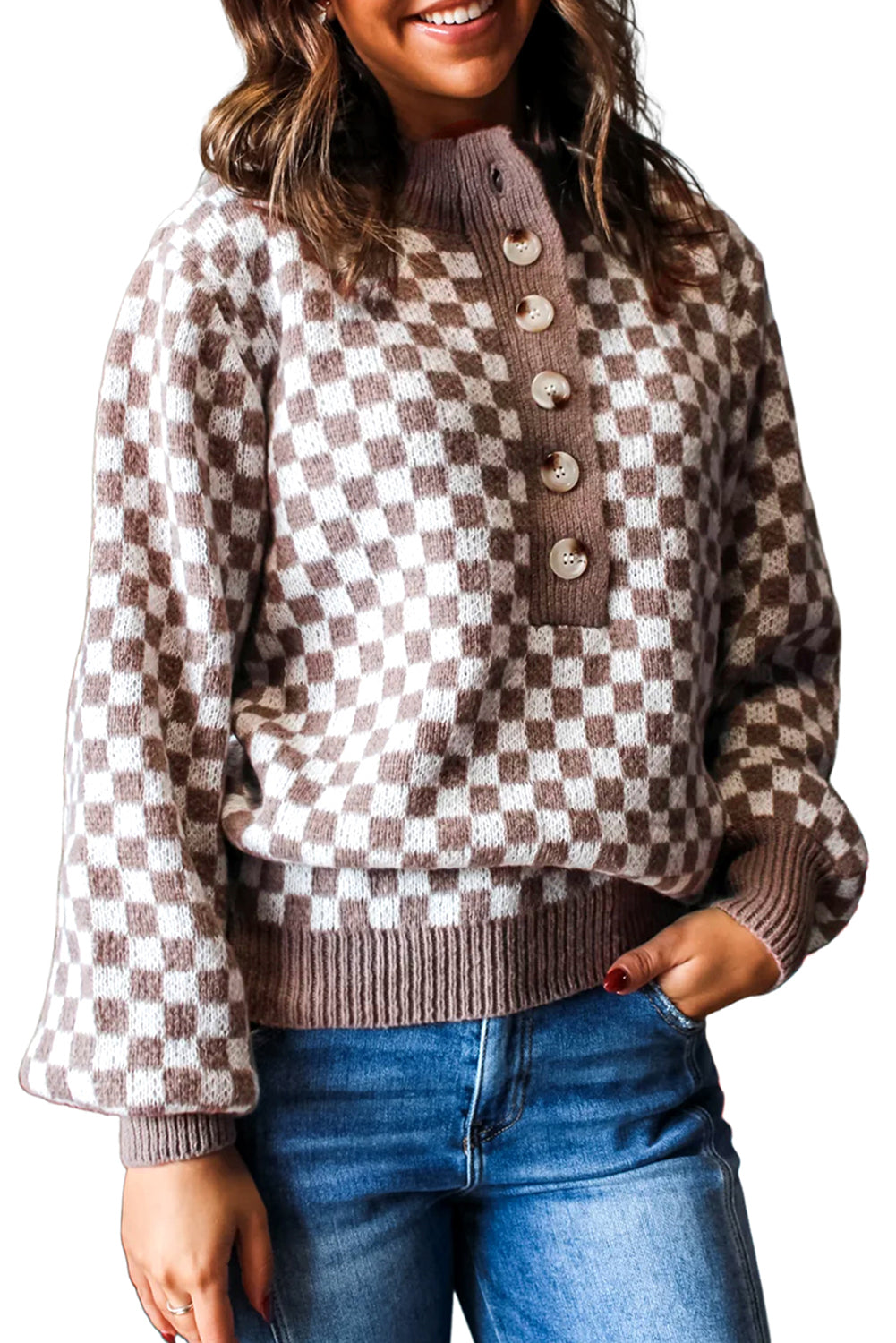 Dark Brown Half Button Ribbed Trim Checkerboard Knit Sweater
