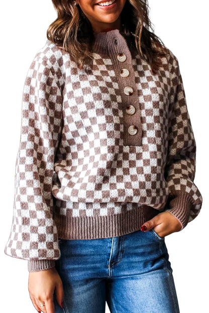 Dark Brown Half Button Ribbed Trim Checkerboard Knit Sweater