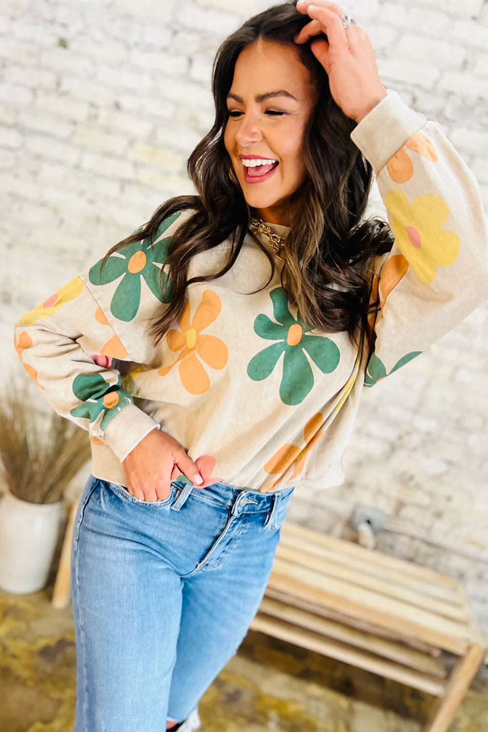 Khaki Big Flower Printed Drop Shoulder Mineral Wash Sweatshirt