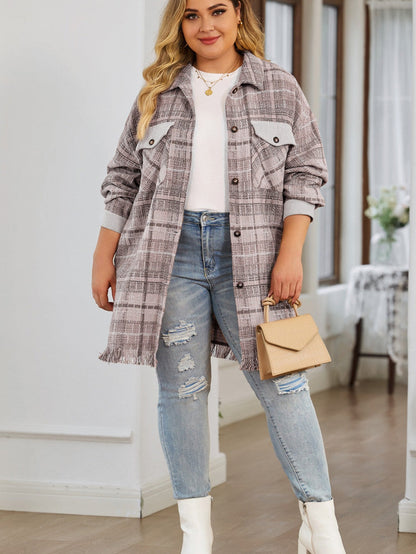 Pink Plus Size Macrame Plaid Coat