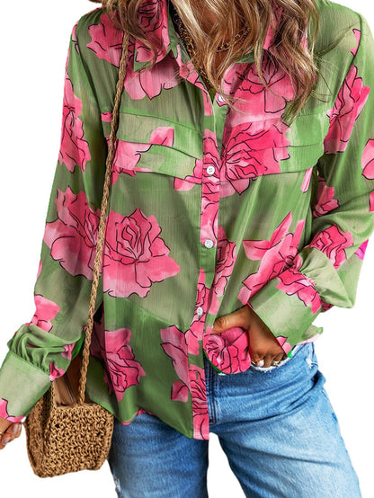 Butterfly Print Button Long Sleeve Blouse