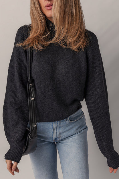 Black Solid Ribbed Knit High Neck Raglan Sleeve Sweater