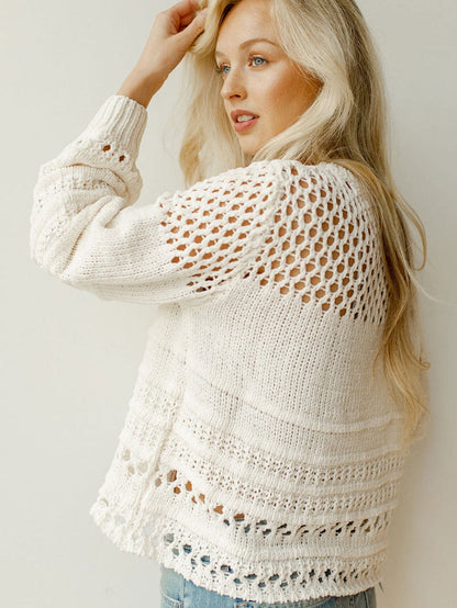 Ivory Pointelle Knit Puff Sleeve Sweater for an Elegant Look