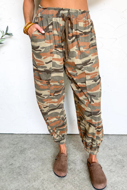 Green Camouflage Printed Drawstring Elastic Waist Balloon Pants
