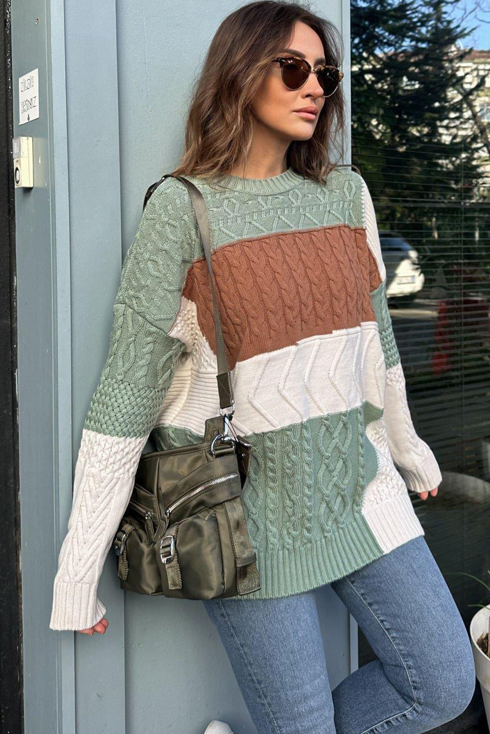 Green Cable Mix Texture Color Block Knit Baggy Sweater