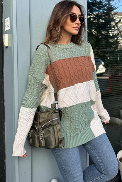 Green Cable Mix Texture Color Block Knit Baggy Sweater