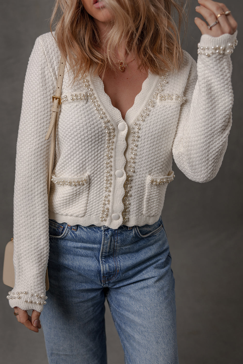 White Pearl Decor Scalloped Edge V Neck Elegant Cardigan Sweater