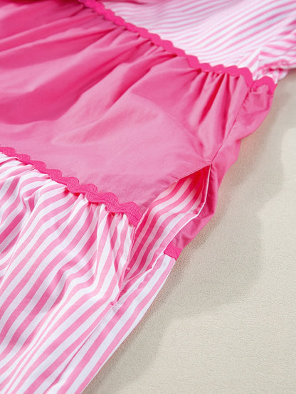 Pink Ricrac Stripe Block Puff Sleeve A-Line Shift Dress