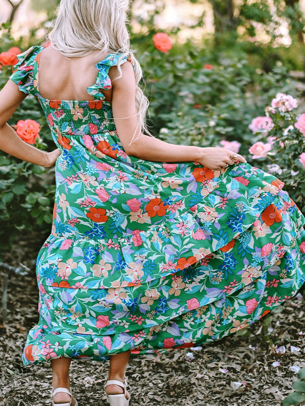 Green Plus Size Floral Smocked Back Tiered Maxi Dress