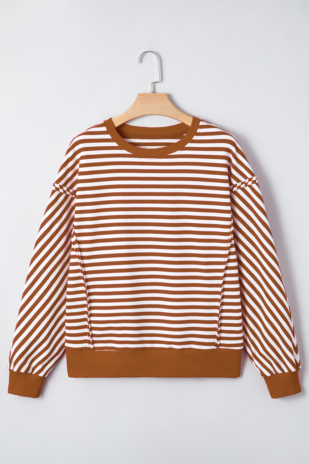 Brown Stripe Exposed Seam Drop Shoulder Casual Pullover Top