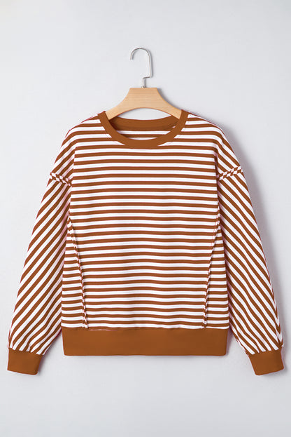 Brown Stripe Exposed Seam Drop Shoulder Casual Pullover Top