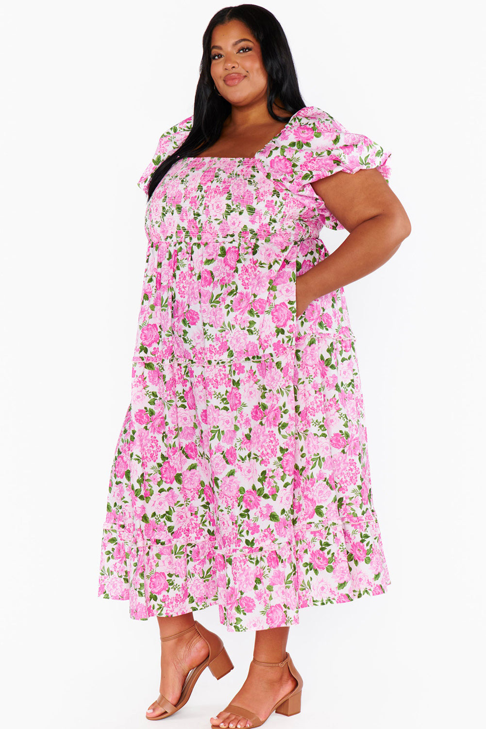 Elegant Pink Floral Smocked Puff Sleeve Maxi Dress